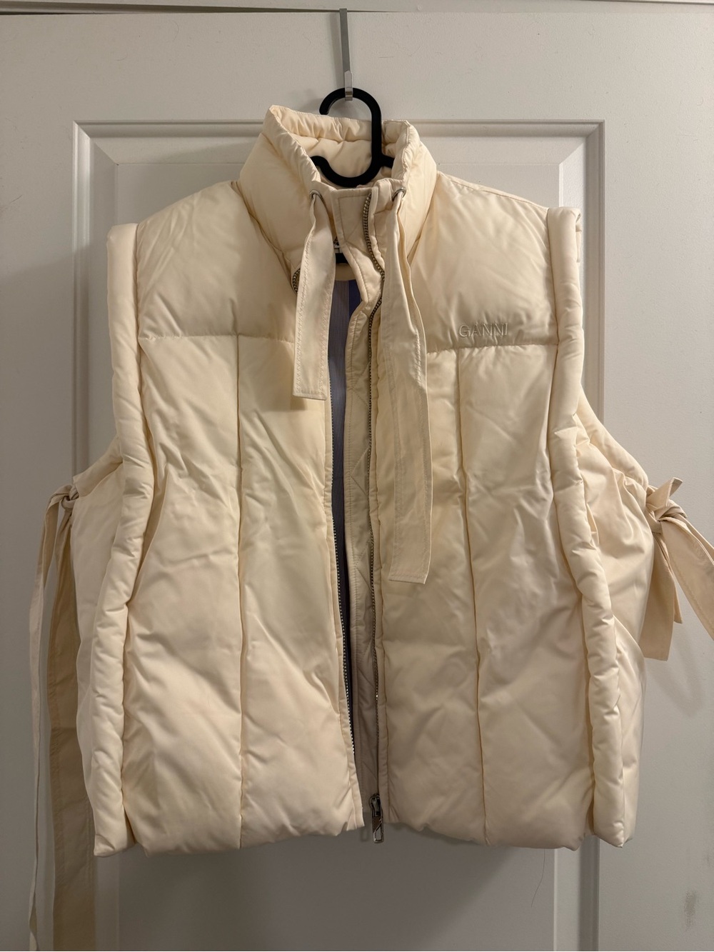 Ganni Cream Quilted Puffer Vest with Side Ties